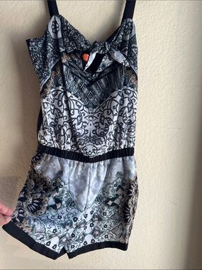 Hale Bob Black and White Printed Sleeveless Romper with Subtle Green Accents